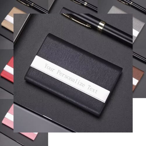 Engraved Leatherette Business Card Holder - Personalized Logo in Any Language - 7 Colors